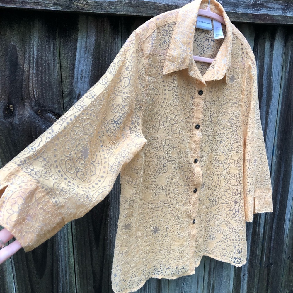 Vintage Sheer Burnout Button Down Top Goldenrod 3/4 Sleeve Moroccan Design - Picture 3 of 12